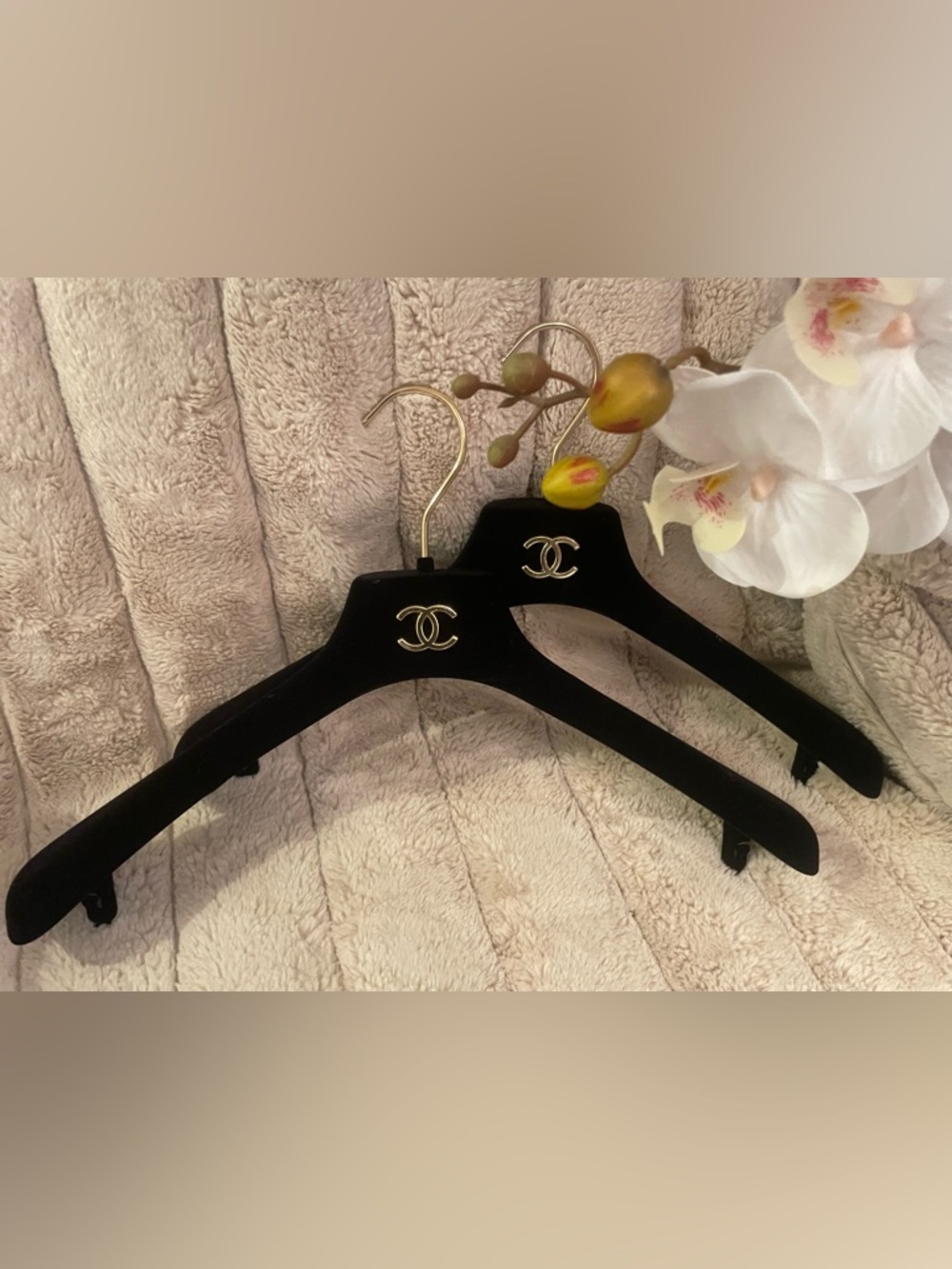 CHANEL Black Velvet Hangers with Gold CC Logos - Set of 2